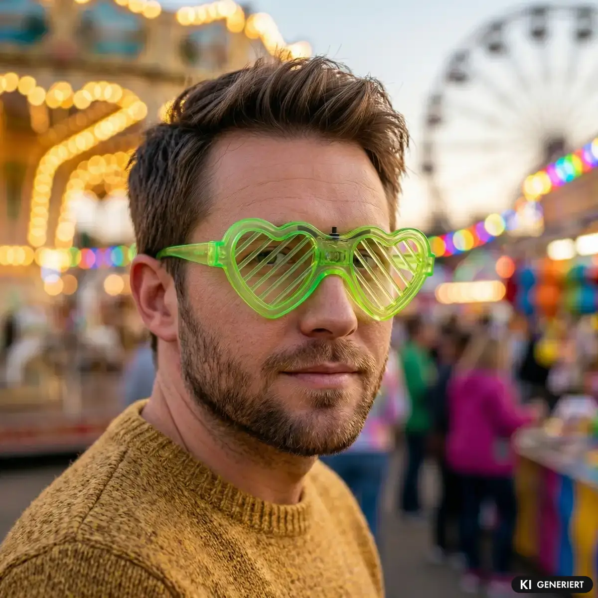 Mann mit Bart und grüner Steirerkanonen Brille in einem Vergnügungspark