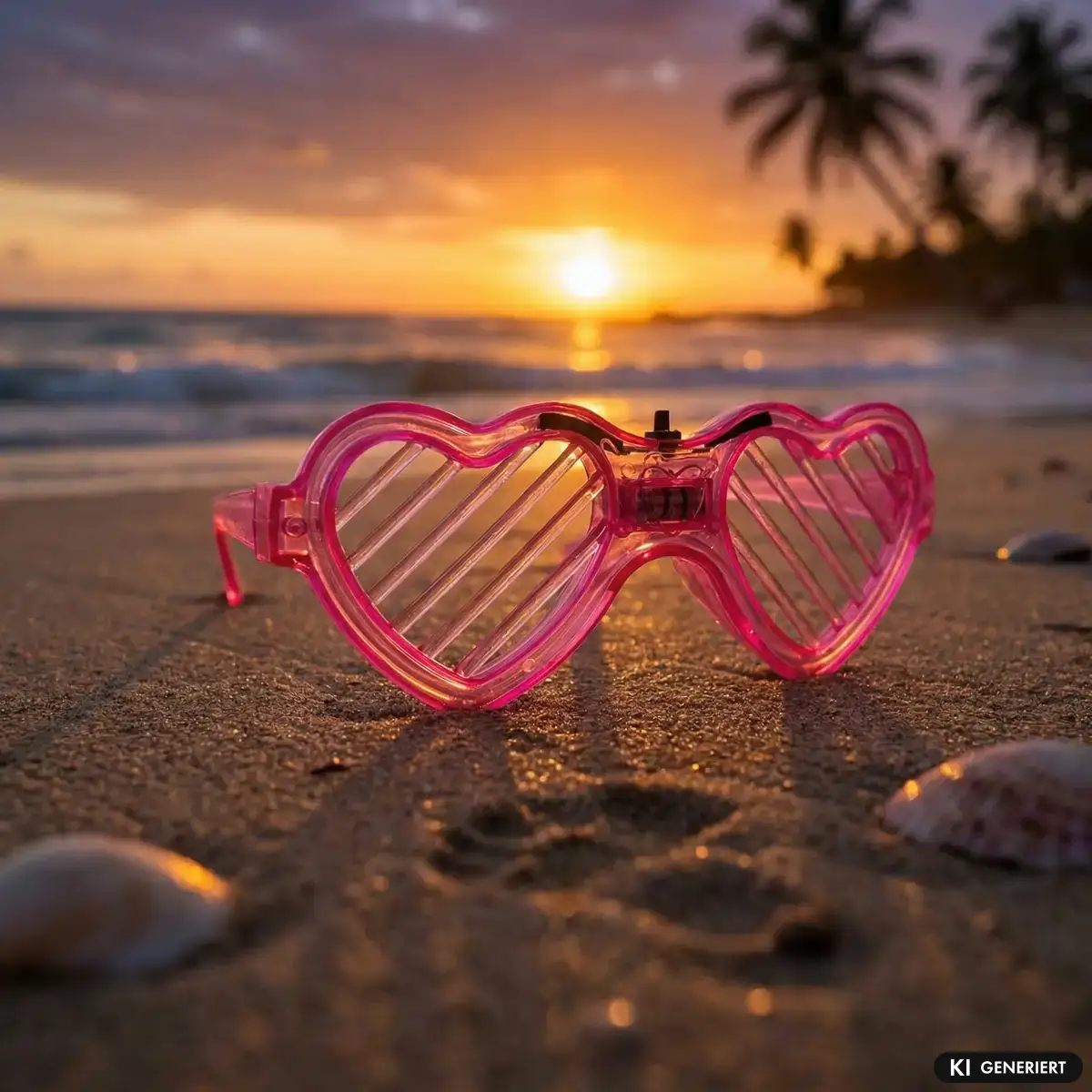 Steirerkanonen Brille in Pink liegt im Sand am Strand
