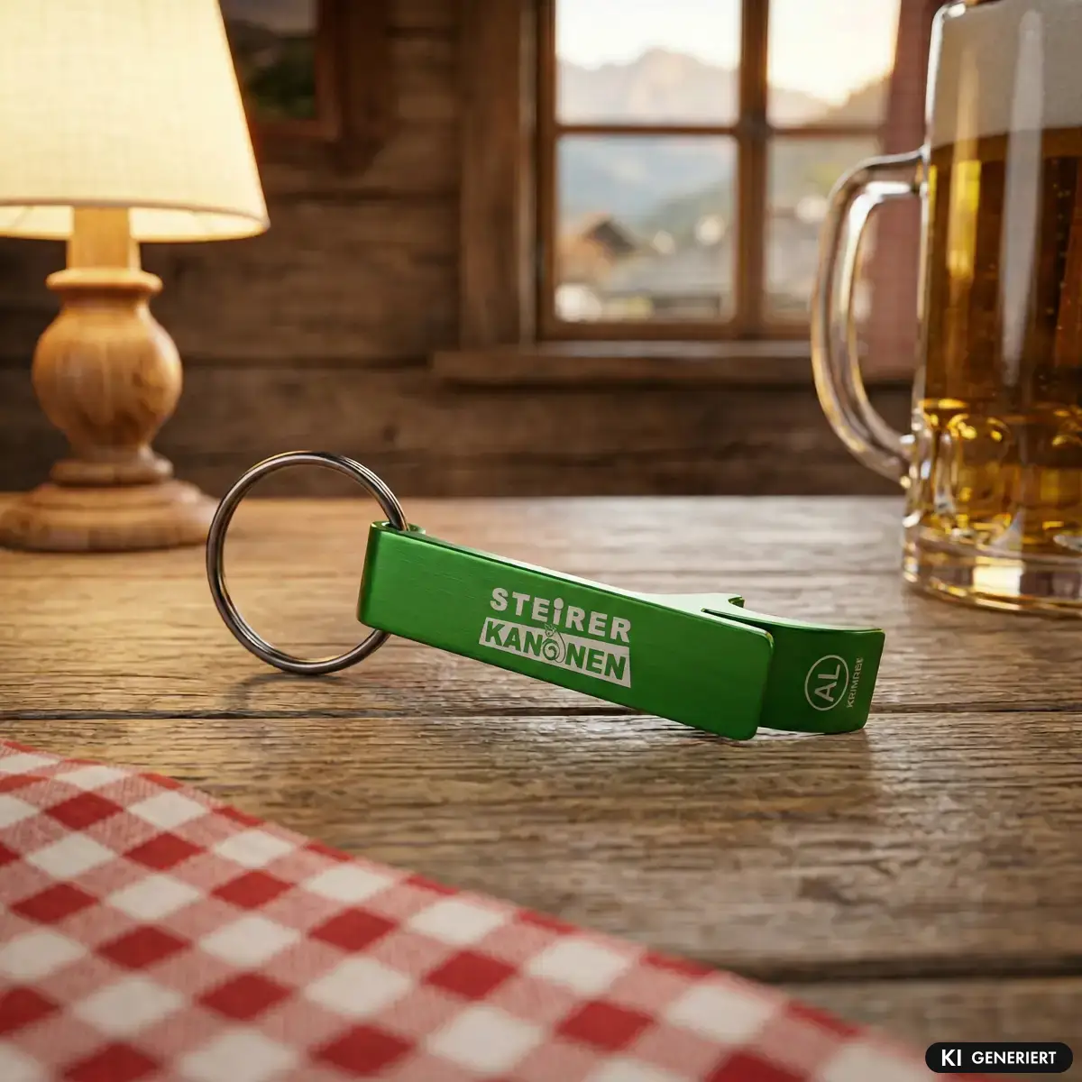 Steirerkanonen Schlüsselanhänger auf einem urigen Holztisch