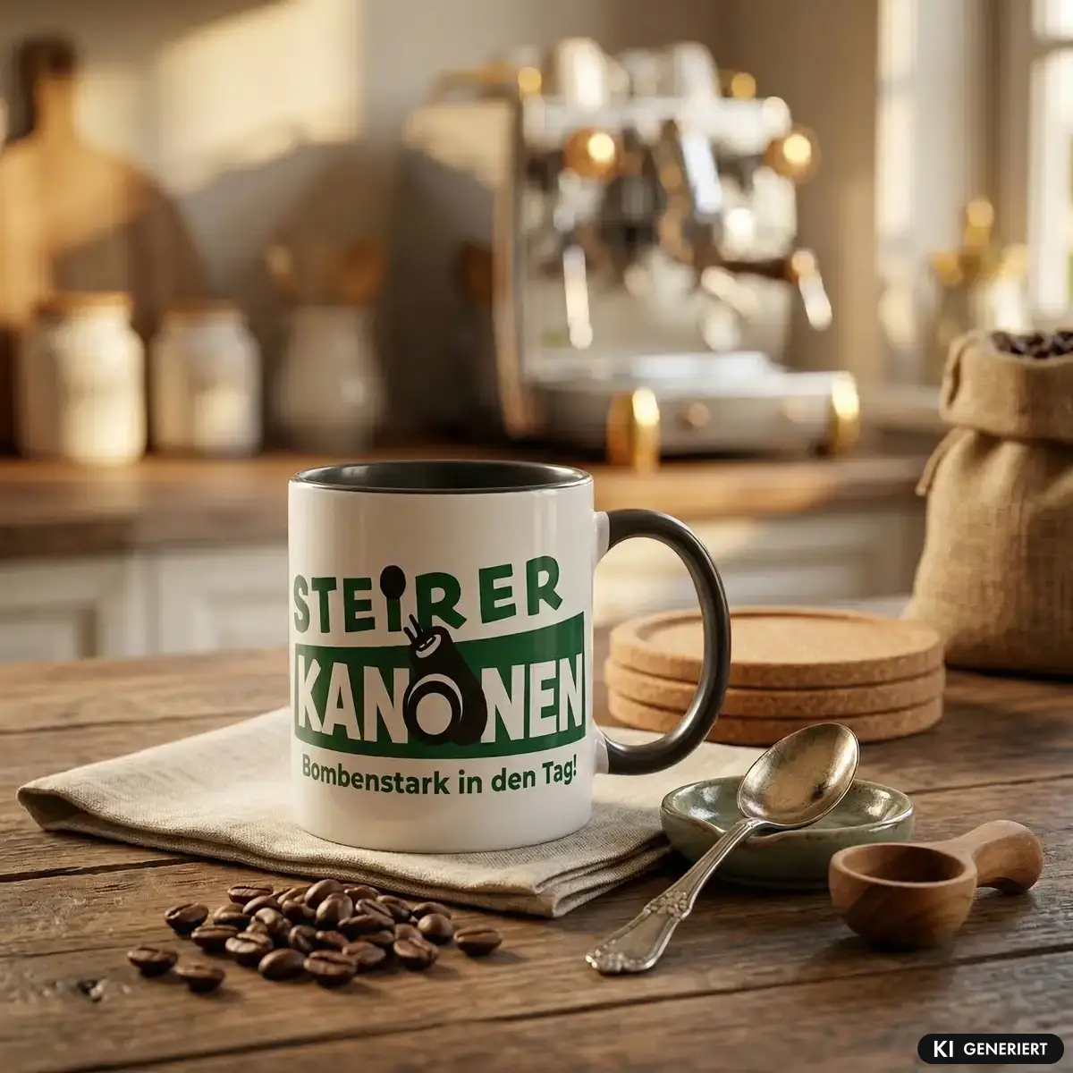 Steirerkanonen Tasse steht in einer Küche auf einem Holztisch