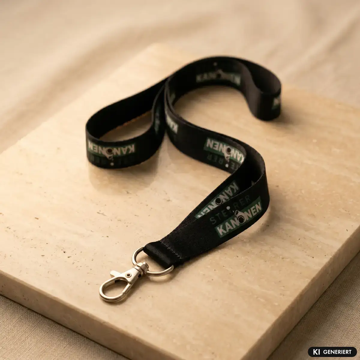 Steierkanonen Lanyard in Schwarz auf einer hellen Steinplatte