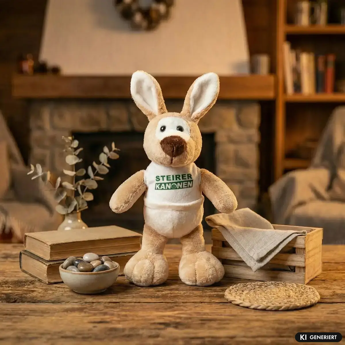 Steirerkanonen Maskottchen steht in einem gemütlichen Wohnzimmer auf einem Tisch