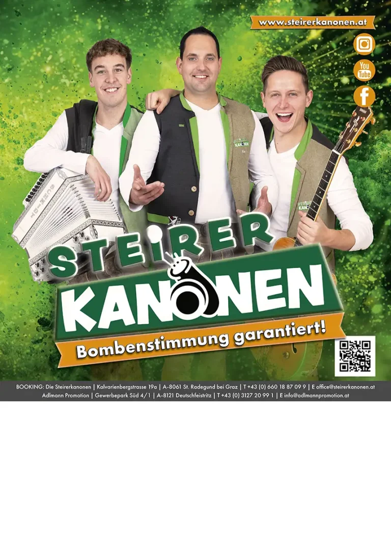 Plakat Steirerkanonen mit Musikern, Logo und grüner Explosion im Hintergrund