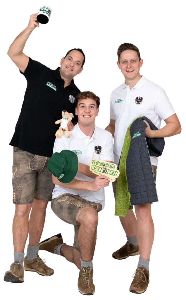 Steirerkanonen als Gruppe freigestellt mit verschiedenen Fanartikeln