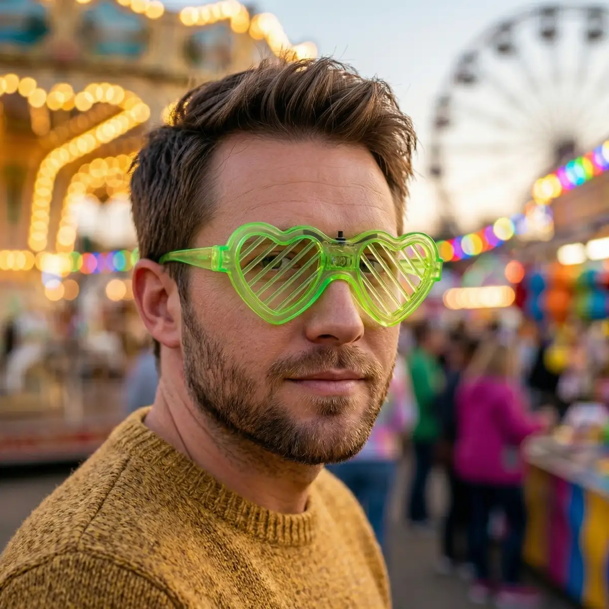 Mann mit Bart und grüner Steirerkanonen Brille in einem Vergnügungspark