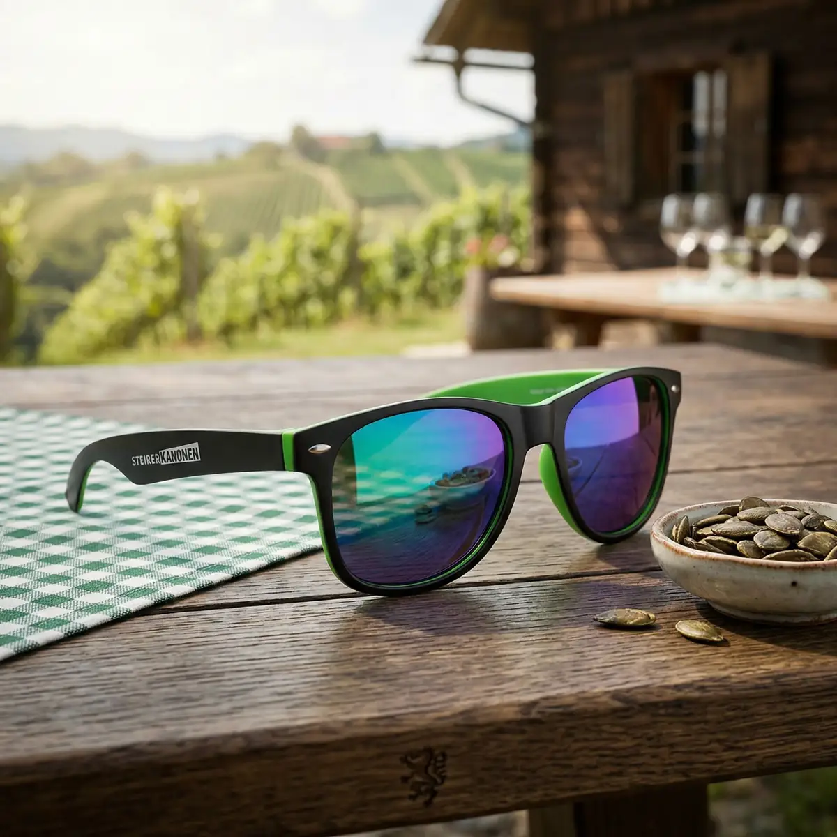 Steirerkanonenbrille in Schwarz mit verspiegelten Gläsern