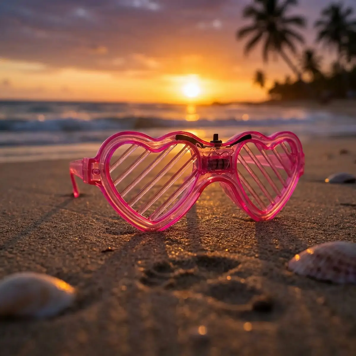 Steirerkanonen Brille in Pink liegt im Sand am Strand