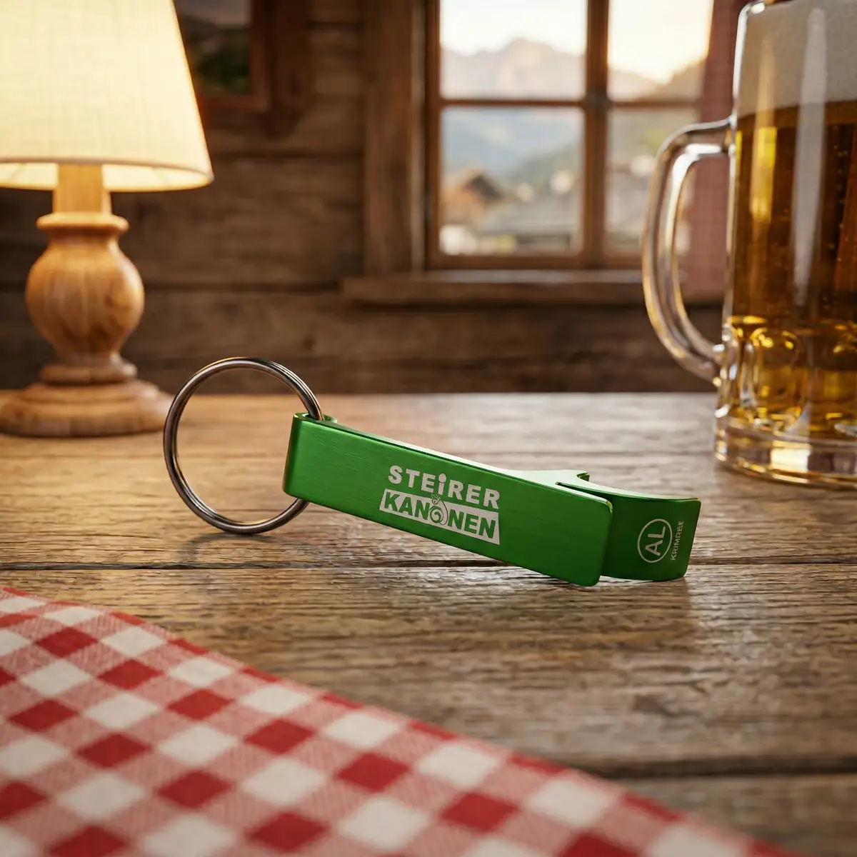 Steirerkanonen Schlüsselanhänger auf einem urigen Holztisch