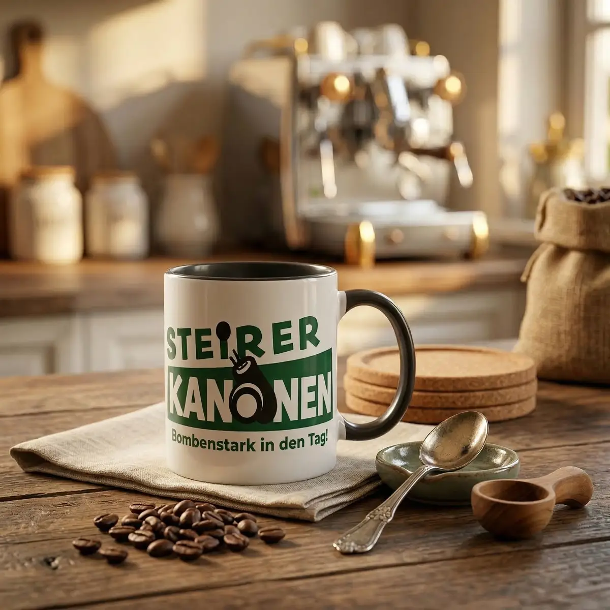 Steirerkanonen Tasse steht in einer Küche auf einem Holztisch