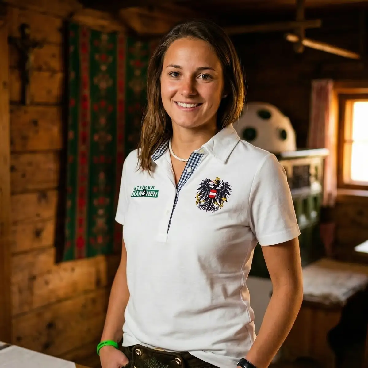 Junge Frau mit Steirerkanonen Poloshirt in Weiß in einer Gaststube