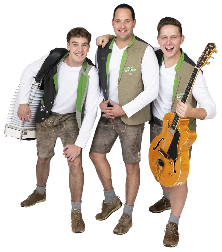 Steirerkanonen im Portrait mit Instrumenten und freundlichem Gesichtsausdruck