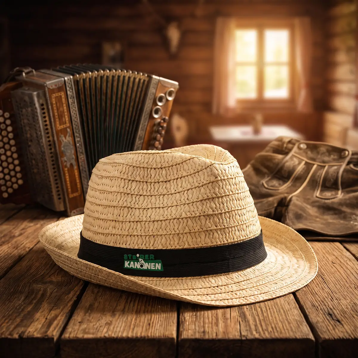 Steirerkanonen Hut liegt in einer Gaststube auf einem urigen Holztisch mit Harmonika