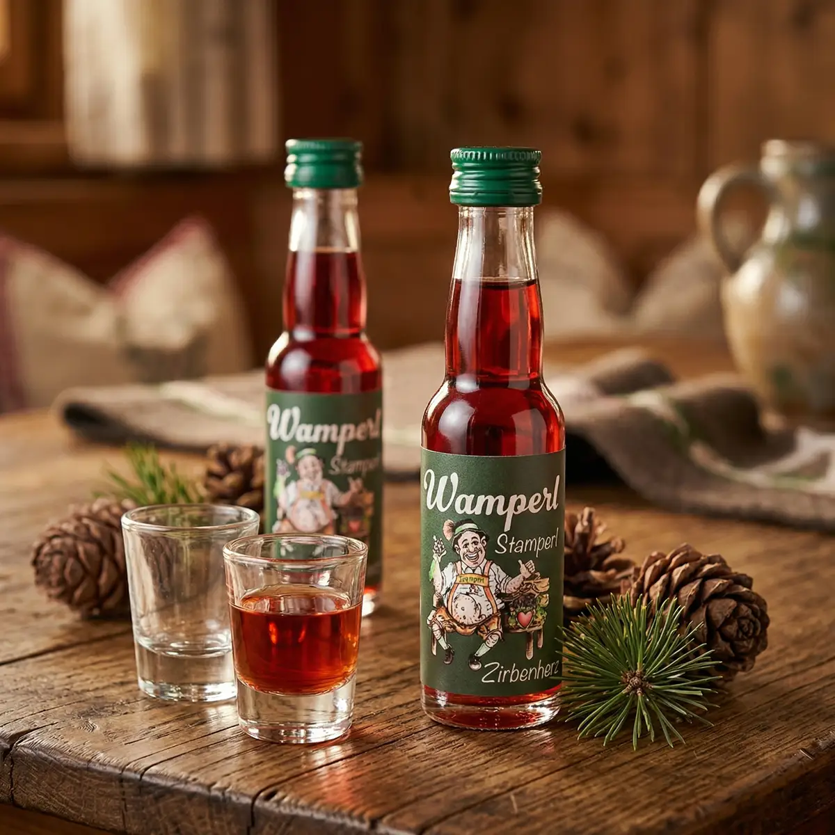 Steirerkanonen Wamperl Stamperl auf einem urigen Tisch